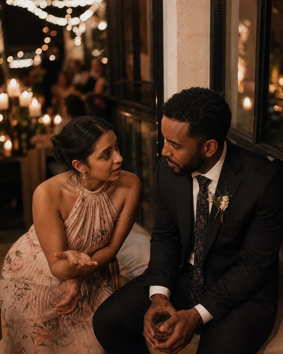 Guests sharing a quiet conversation at a reception
