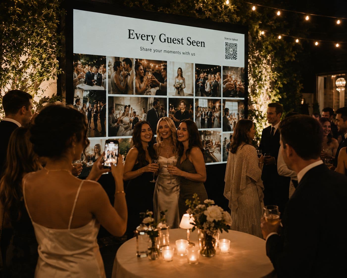 Guests photographing each other in front of an Every Guest Seen live photo wall at an evening reception