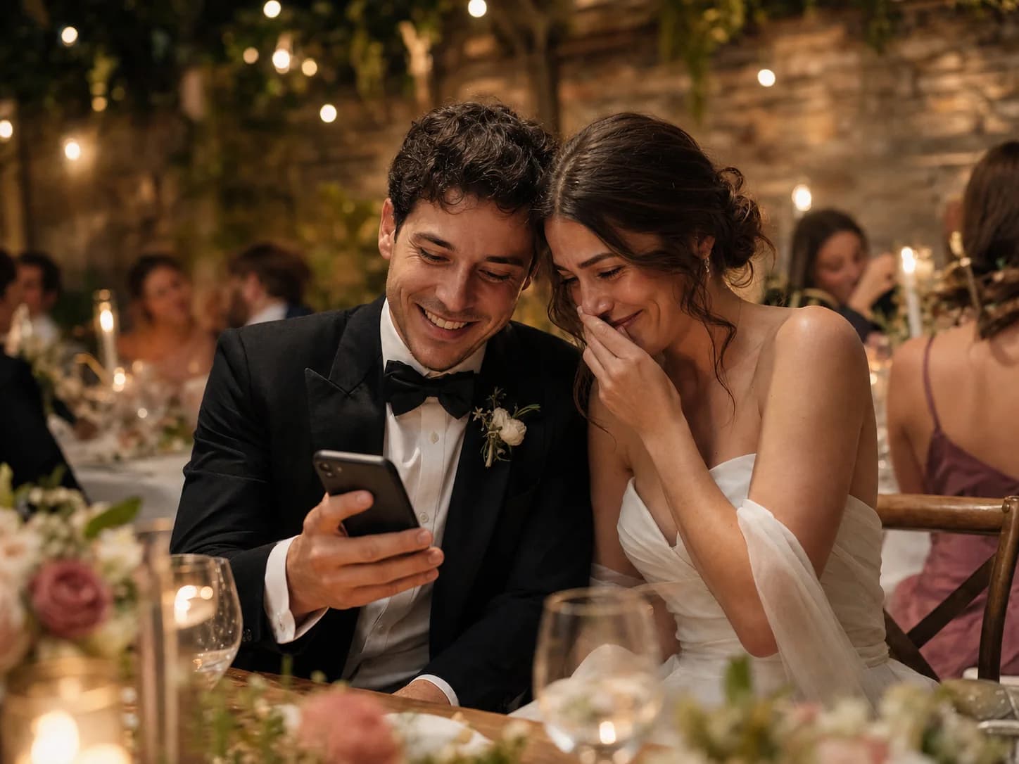 Newlyweds listening to a heartfelt guest voice message together