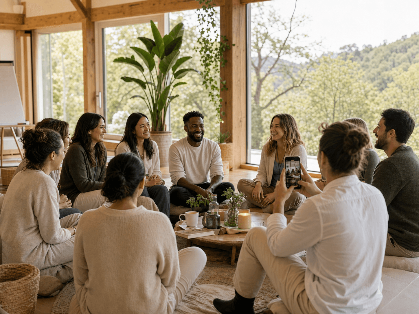 Retreat guests sitting together and sharing a candid group memory