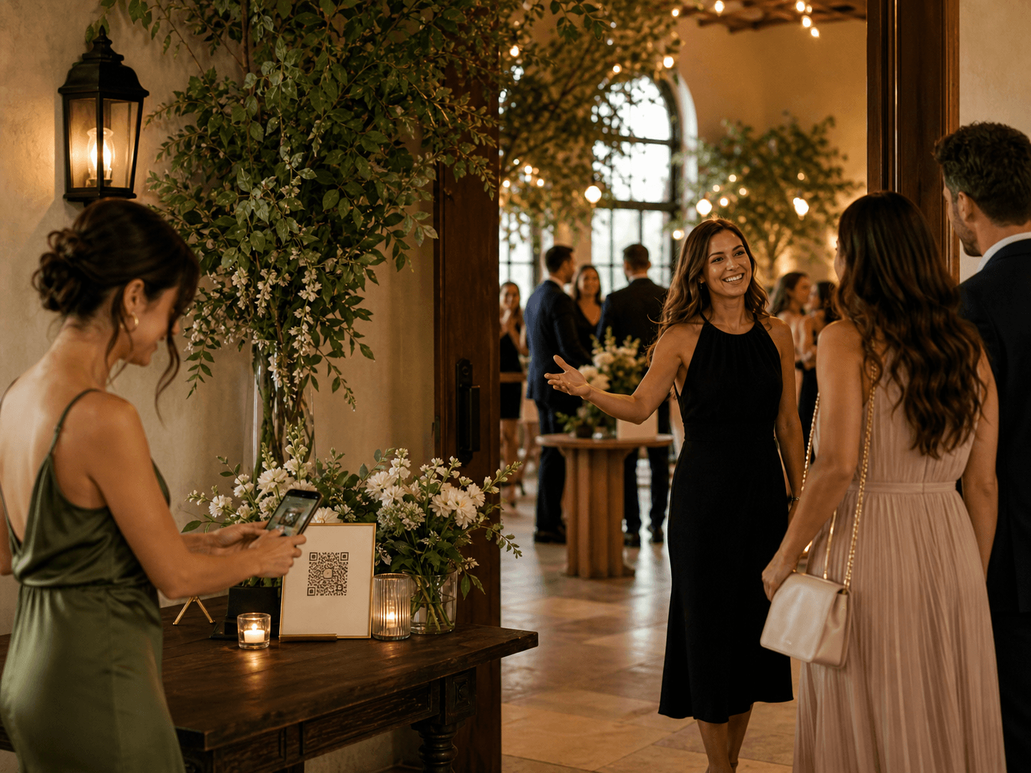 Guests arriving at a venue with an event QR sign for sharing memories