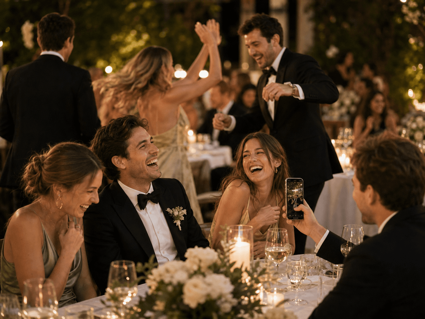 Wedding guests laughing and capturing a candid reception moment