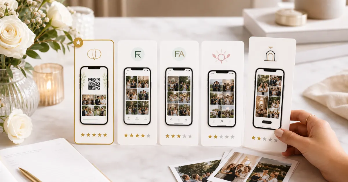 Branded event photo app cards shown on phones, illustrating white-label gallery options for studios