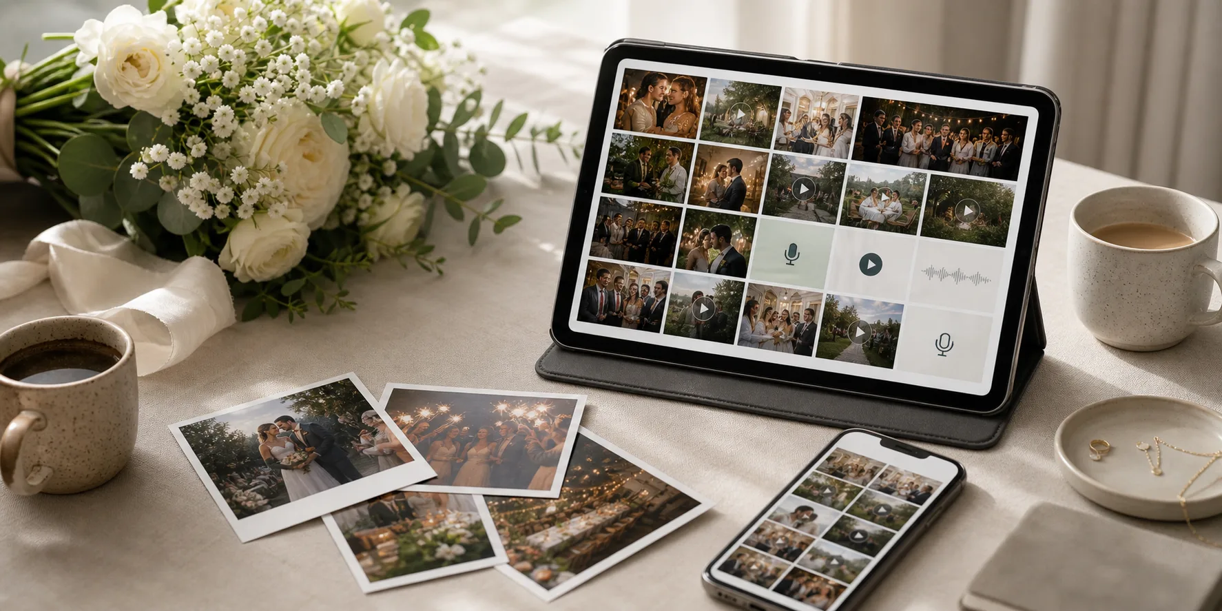 Finished wedding album shown on a tablet with printed photos nearby