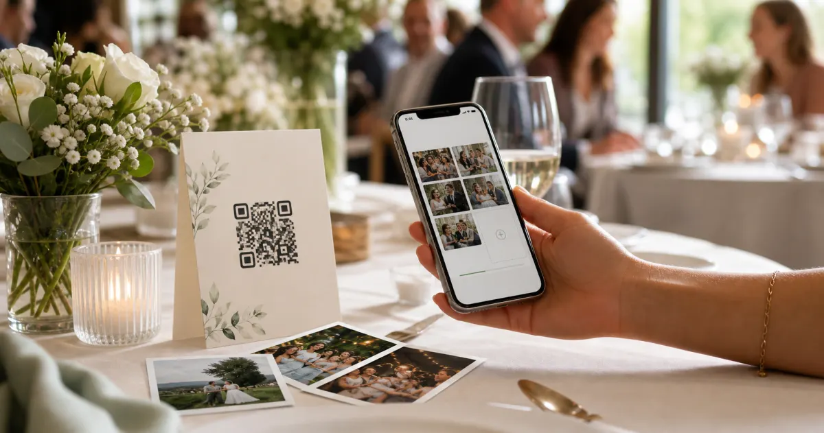 partie guests using a QR code photo sharing experience for QR Code Party Setups: 8 Creative Ways to Display Your Party Link