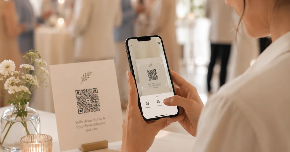 wedding guests using a QR code photo sharing experience for Real Wedding: How a Couple Collected 300+ Photos and 40 Voice Messages at Their Château Wedding