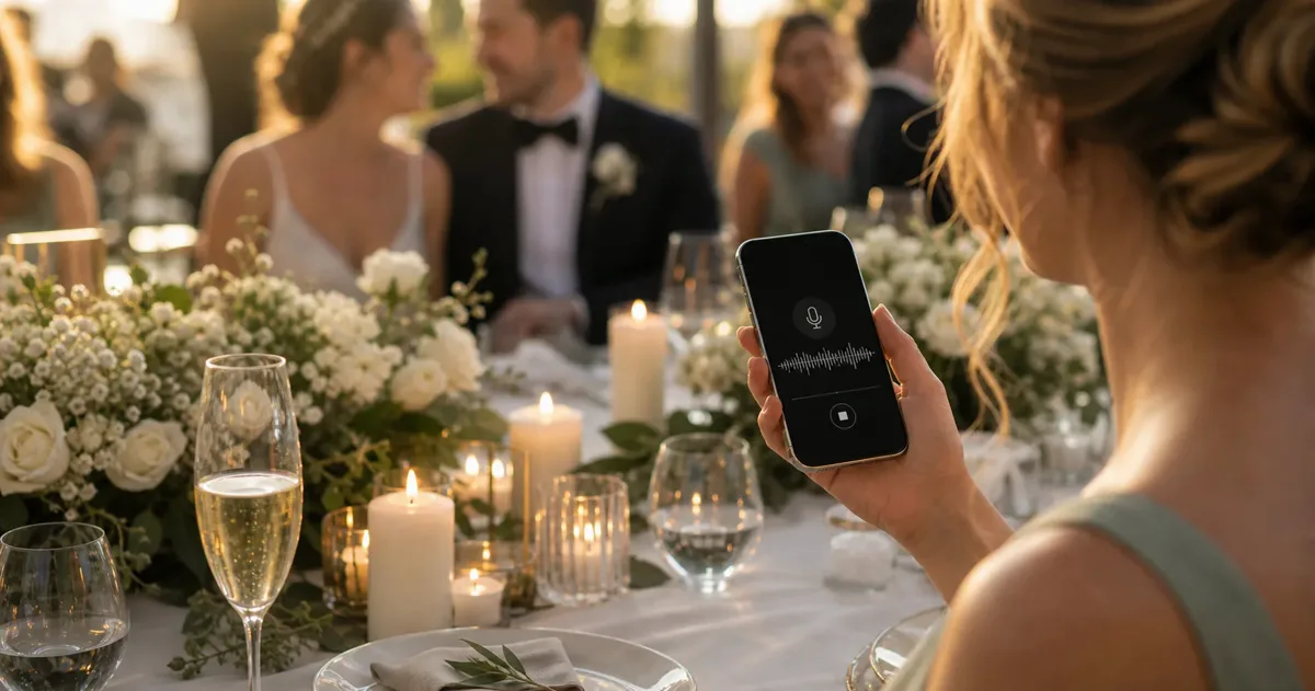 Close-up of a wedding guest recording an audio guestbook message on a phone
